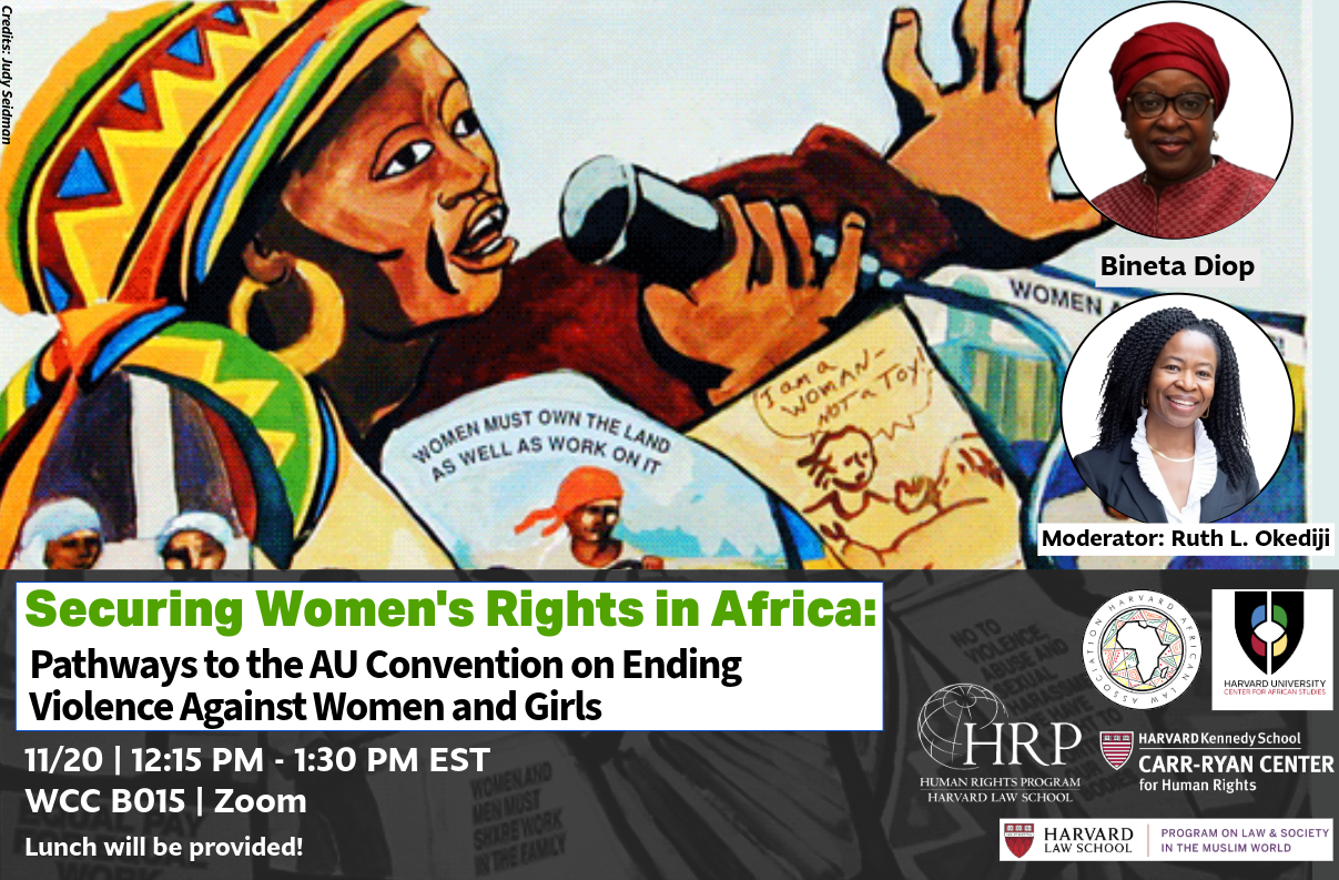 Decorative event poster for “Securing Women's Rights in Africa: Pathways to the AU Convention on Ending Violence Against Women and Girls” on November 20th at 12:15 PM EST at WCC B015 and on Zoom.