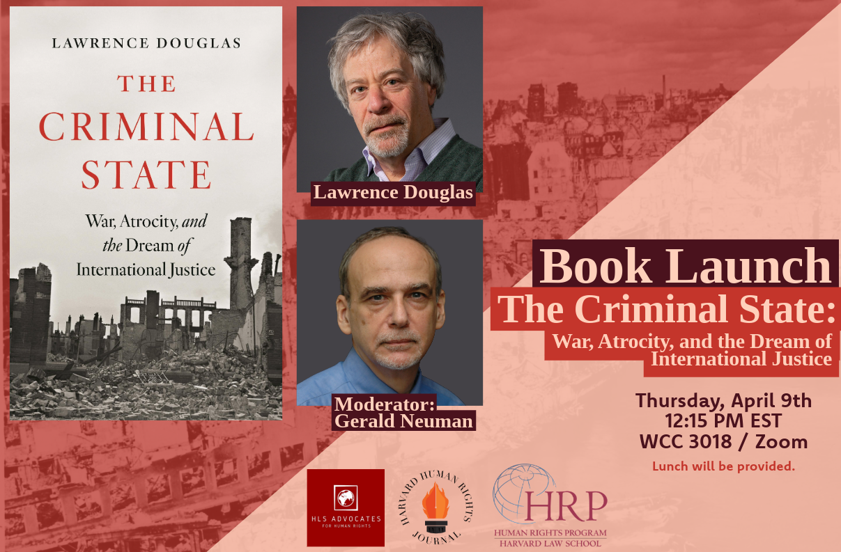 Decorative event poster for "Book Launch: The Criminal State" on April 9th at 12:15 PM at WCC 3018 and Zoom.
