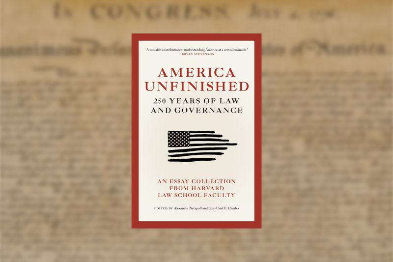 Book cover of America Unfinished against a backdrop containing the U.S. Constitution